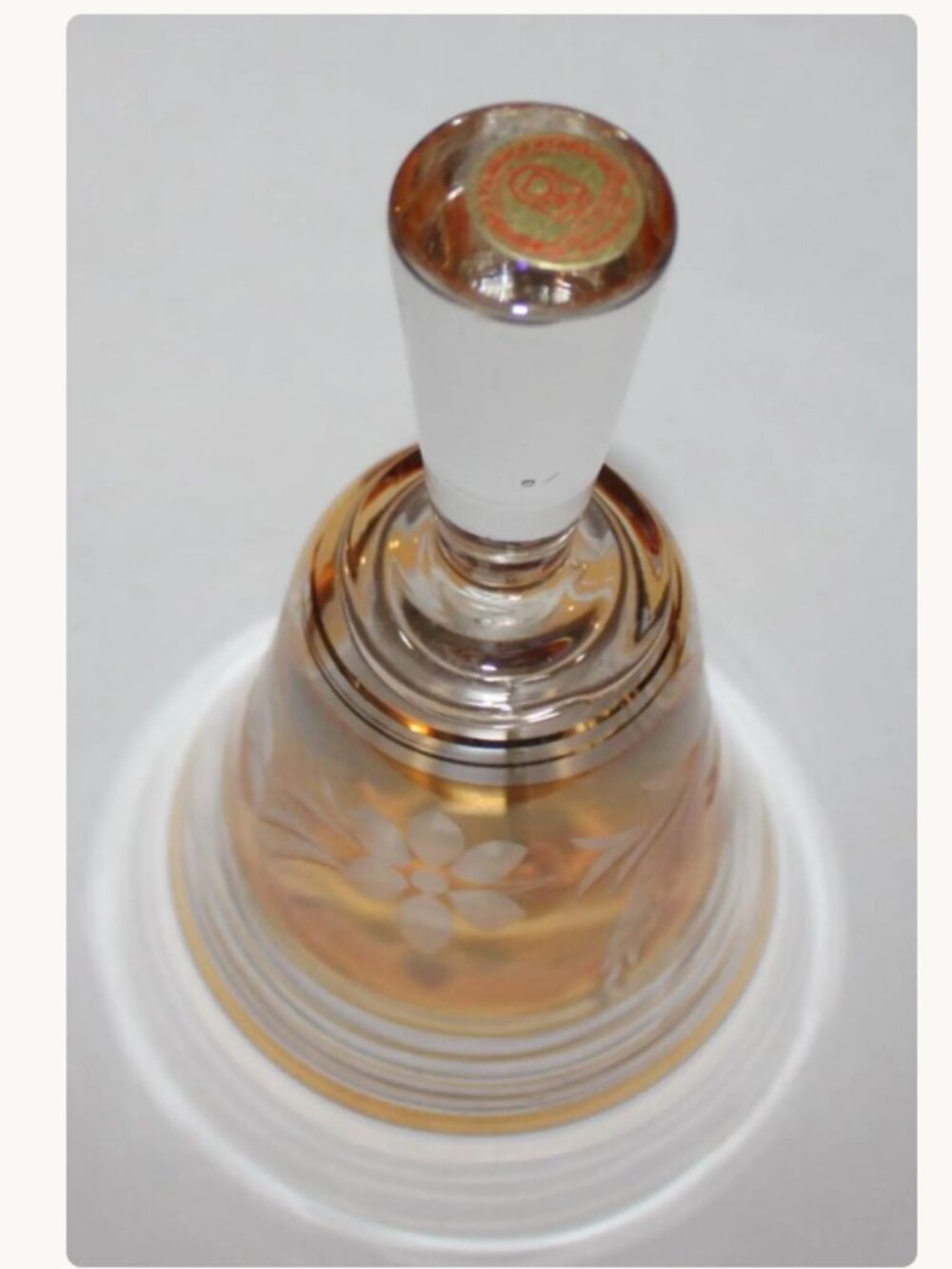 Vintage Marigold Glass Dinner Bell Etched Floral 6" made in Yugoslavia 1957 MWT